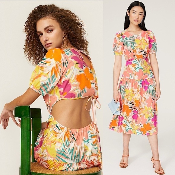 PETER SOM Tropical Floral Puff Short Sleeve Back Cutout Ruffle Tier Midi Dress 2 - Picture 1 of 8